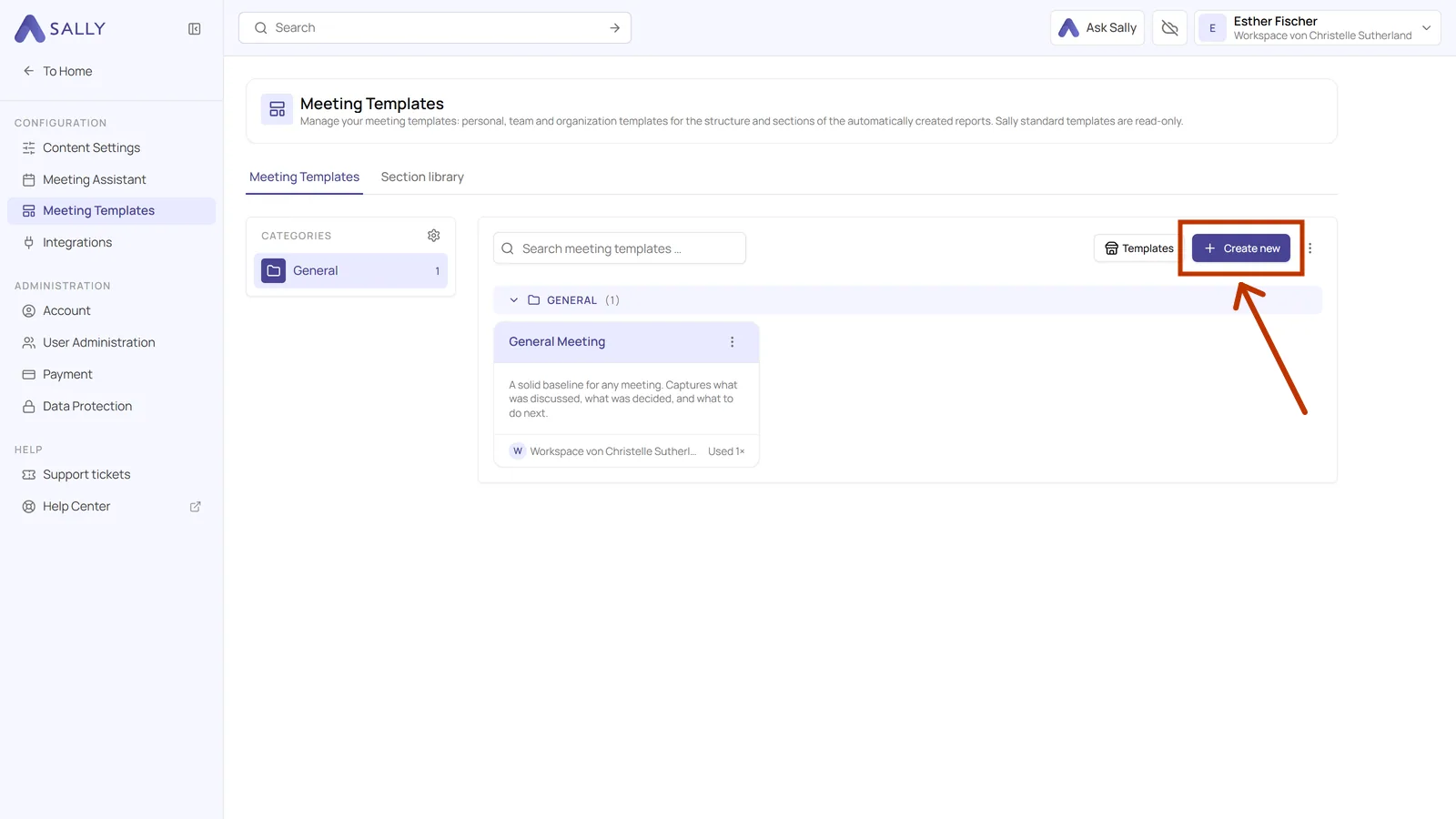 Meeting templates overview with the Create new button highlighted