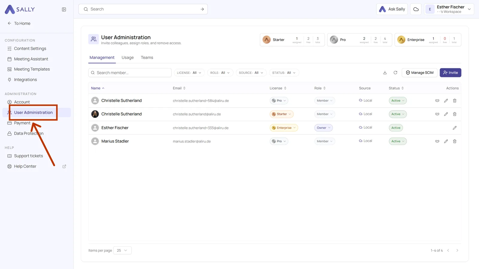 Settings sidebar with the highlighted User Administration entry