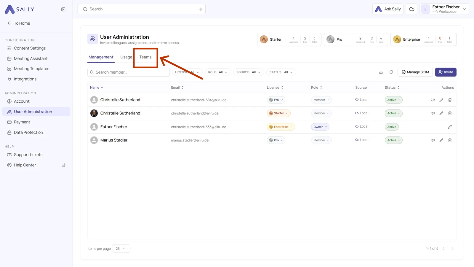 User administration with the highlighted Teams tab