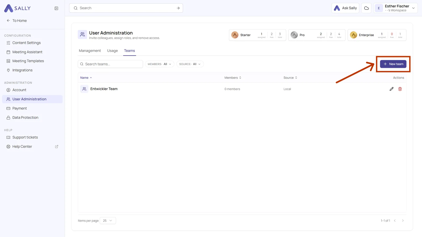 Teams tab of the user administration with the highlighted New team button