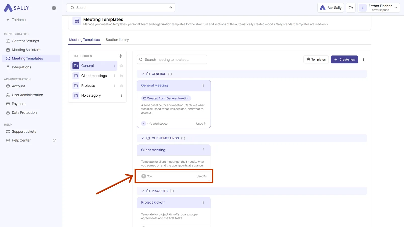 Template card in the overview with the highlighted footer showing the owner and the usage count