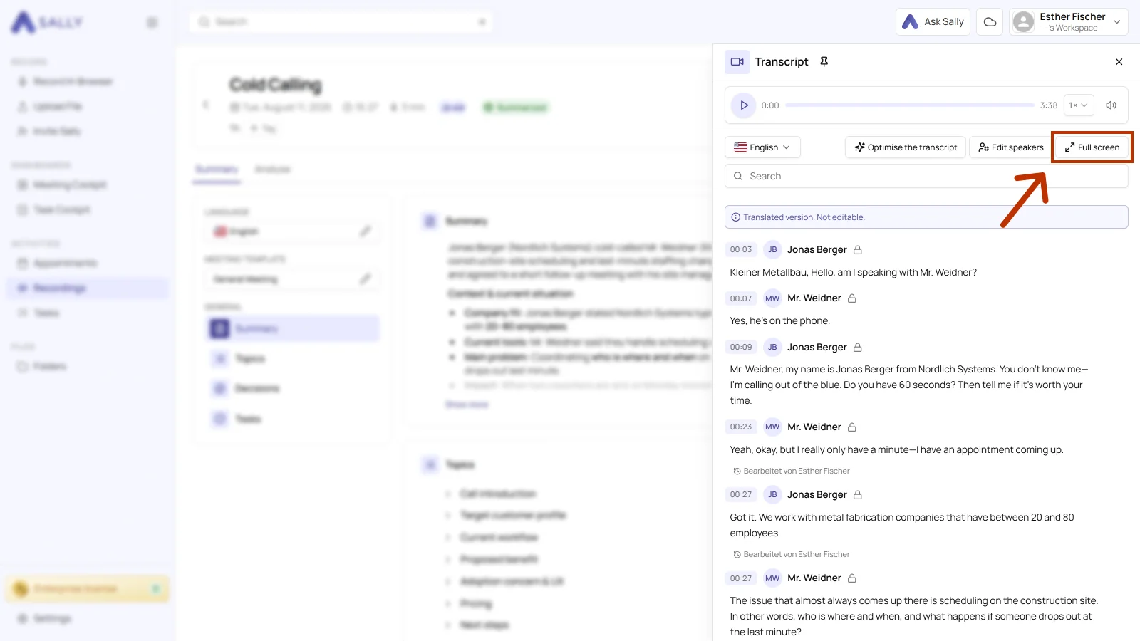 Transcript in the right-hand sidebar with the Full screen button