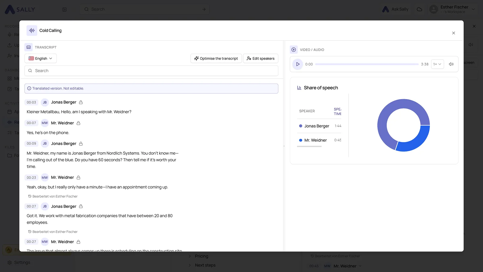 Transcript in full screen view with recording and share of speech