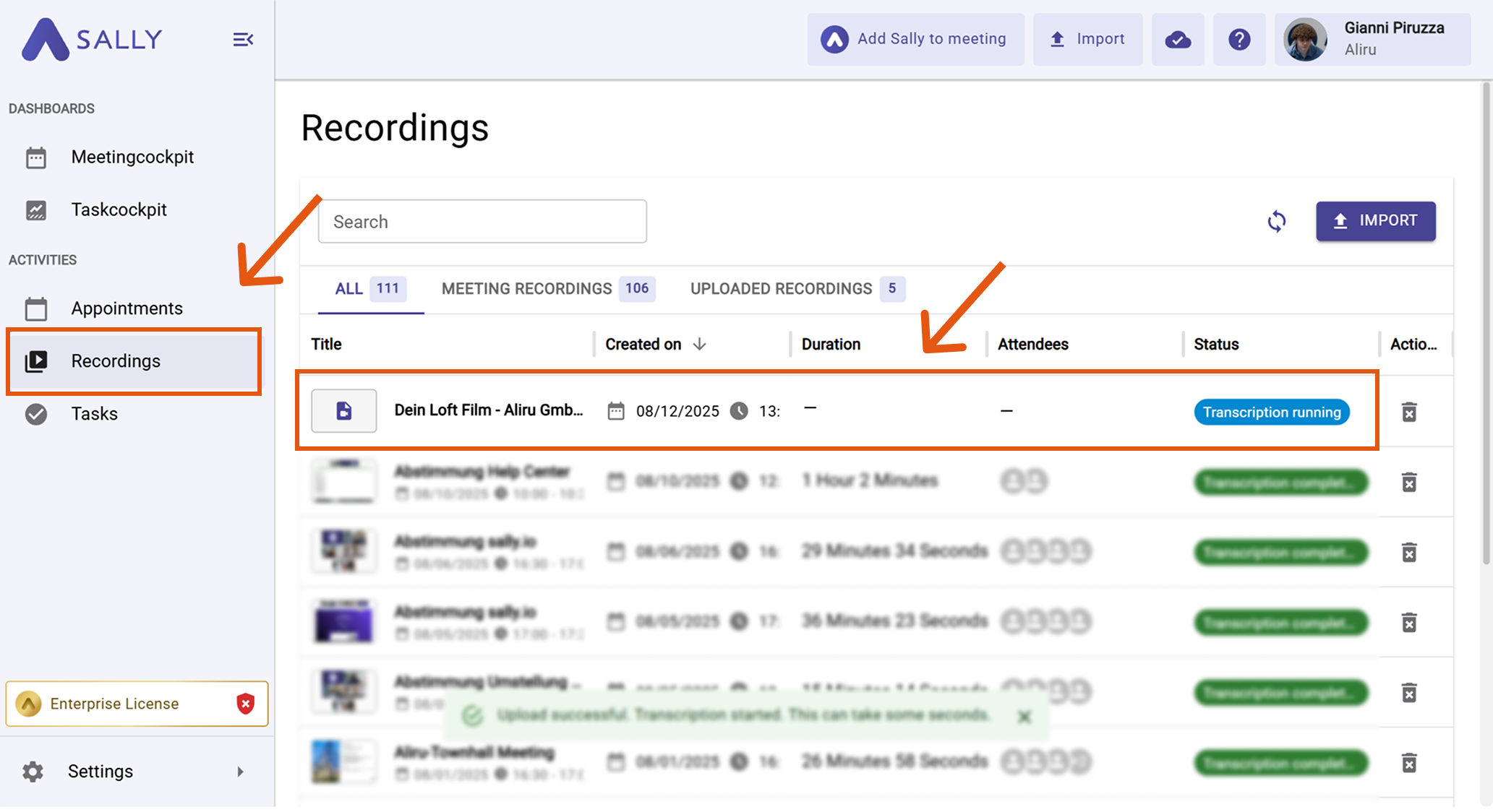 Show imported data for transcription