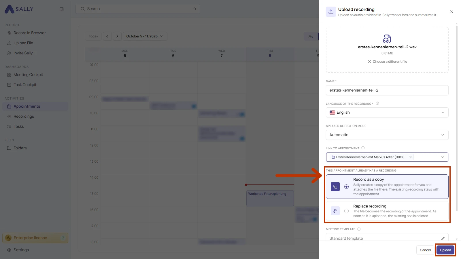 The This appointment already has a recording section with the Record as a copy and Replace recording options highlighted, plus the highlighted Upload button