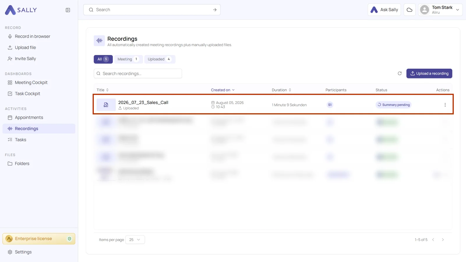 Uploaded recording in the overview