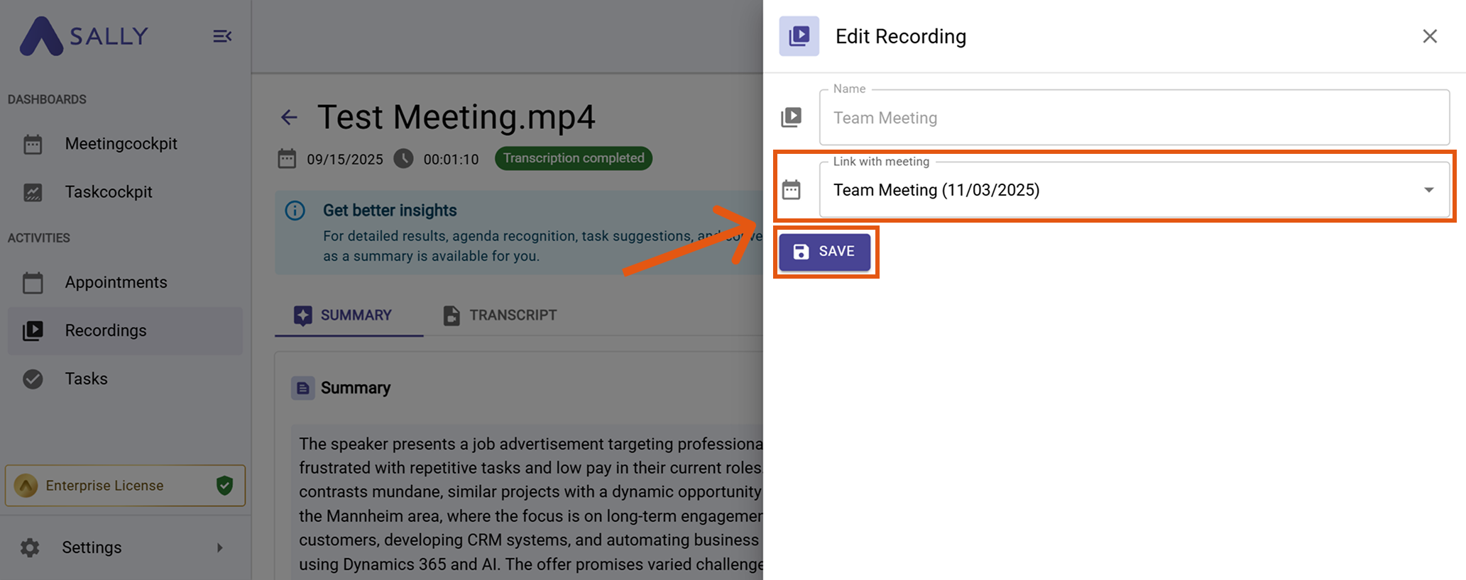 Select meeting and save link