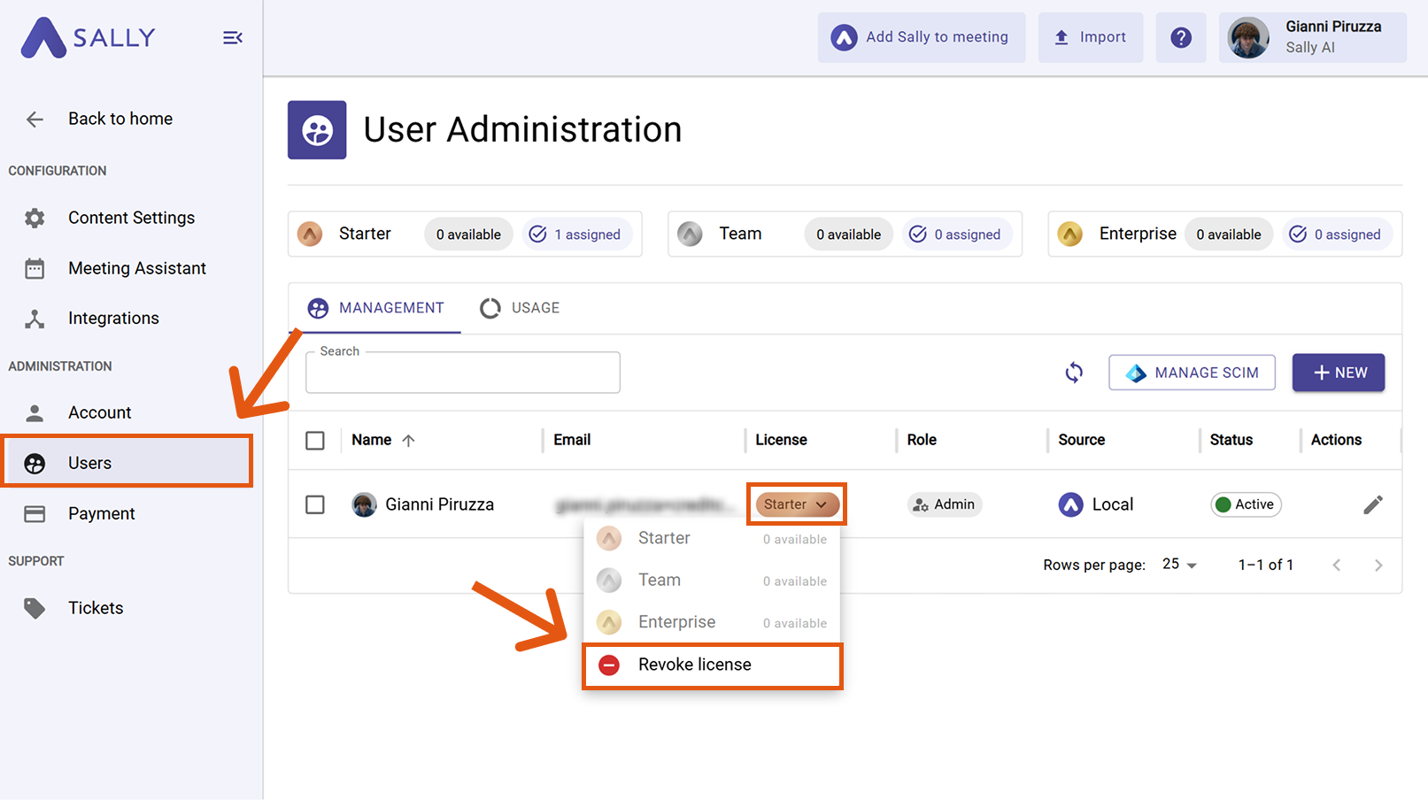 User Administration showing license dropdown with revoke option