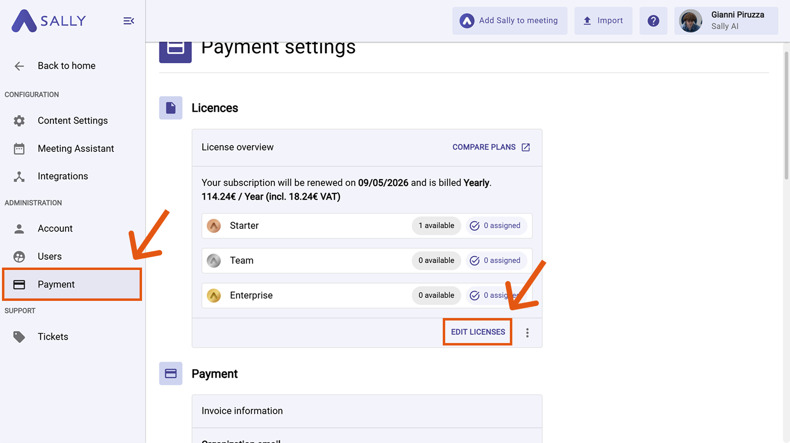 Payment section with Edit Licenses button