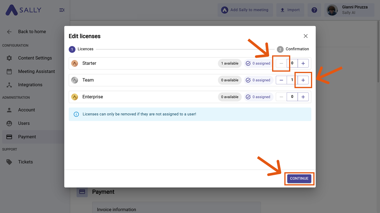 Edit Licenses popup with adjustment options