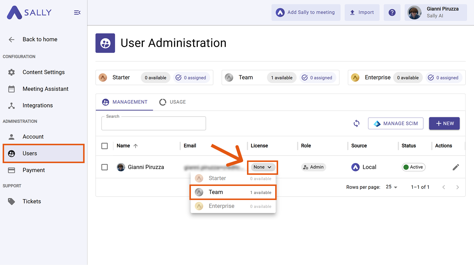 User Administration showing reassignment of Team license