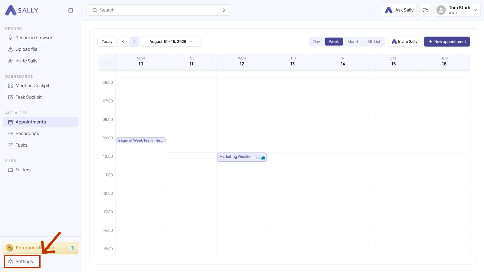 Sally calendar view with the Settings entry highlighted at the bottom left of the sidebar