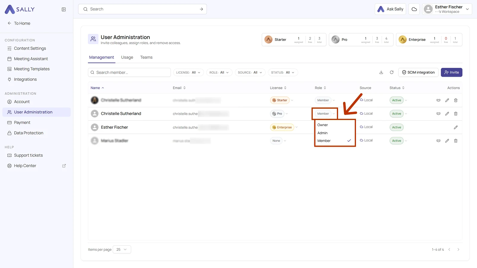 User Administration with the role dropdown open, showing the three roles Owner, Admin, and Member