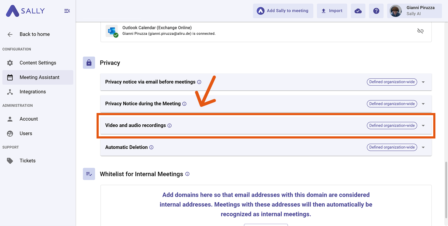Privacy settings with Video and audio recordings highlighted