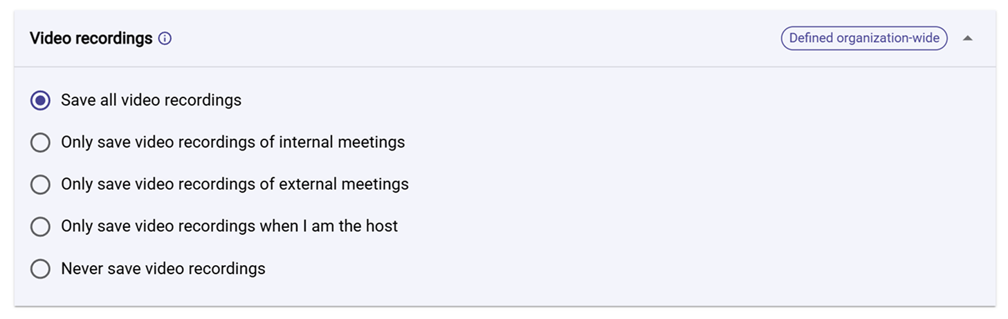 Video recordings settings with multiple selection options