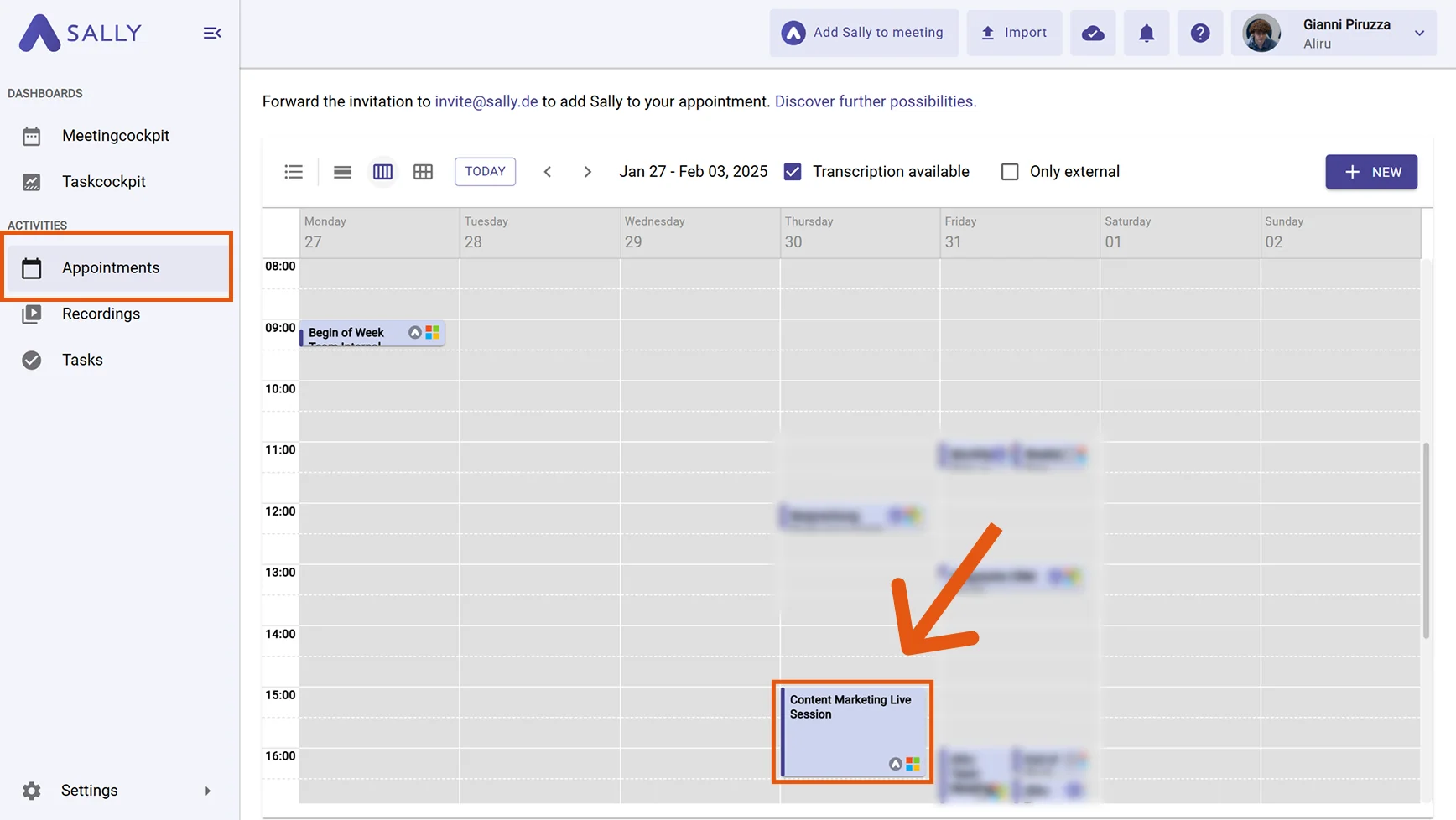 Calendar view in Sally with appointments