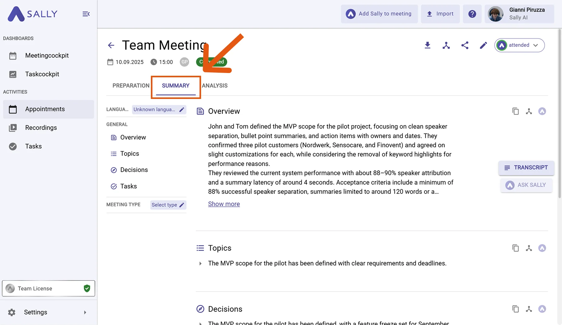 Meeting summary view in Sally
