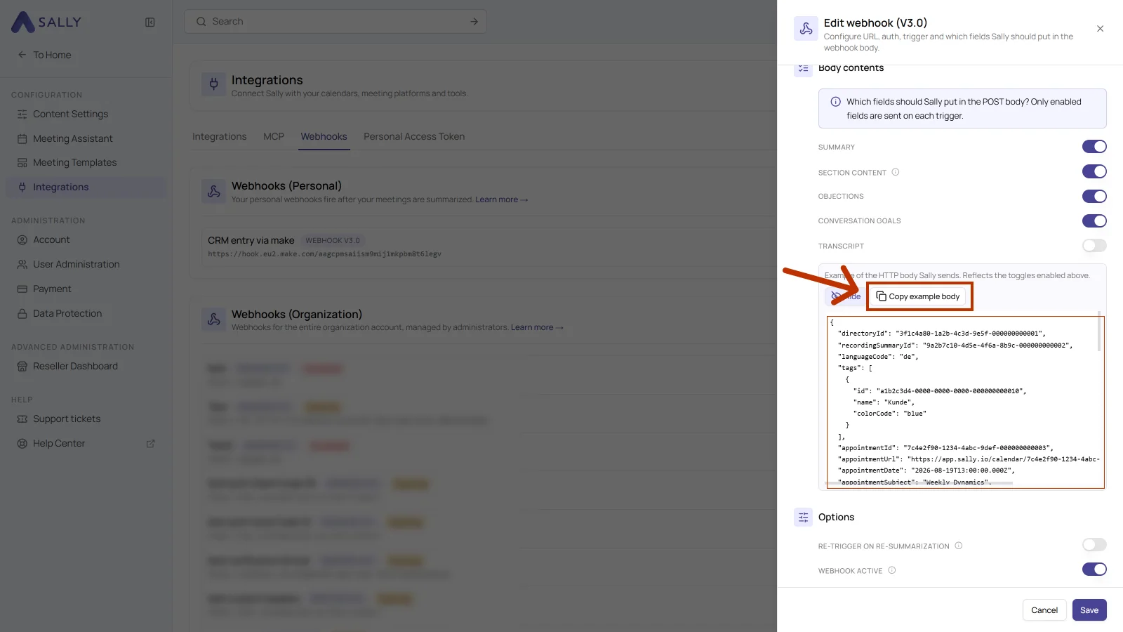 Edit webhook dialog with the body contents section, the HTTP body preview and the Copy example body button highlighted
