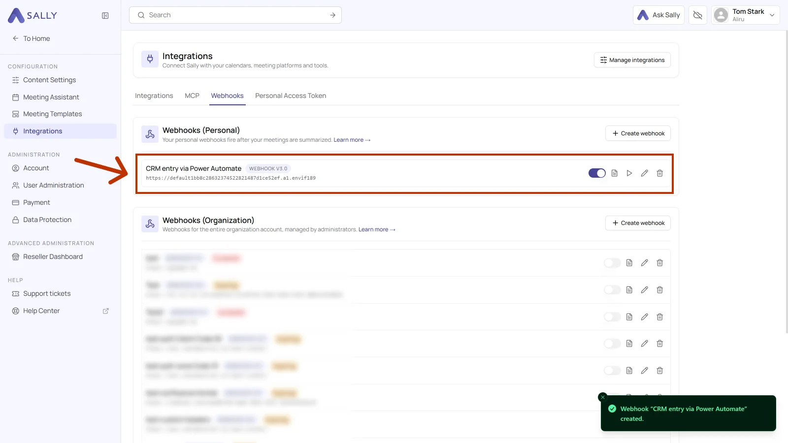 List of personal webhooks with the newly created entry