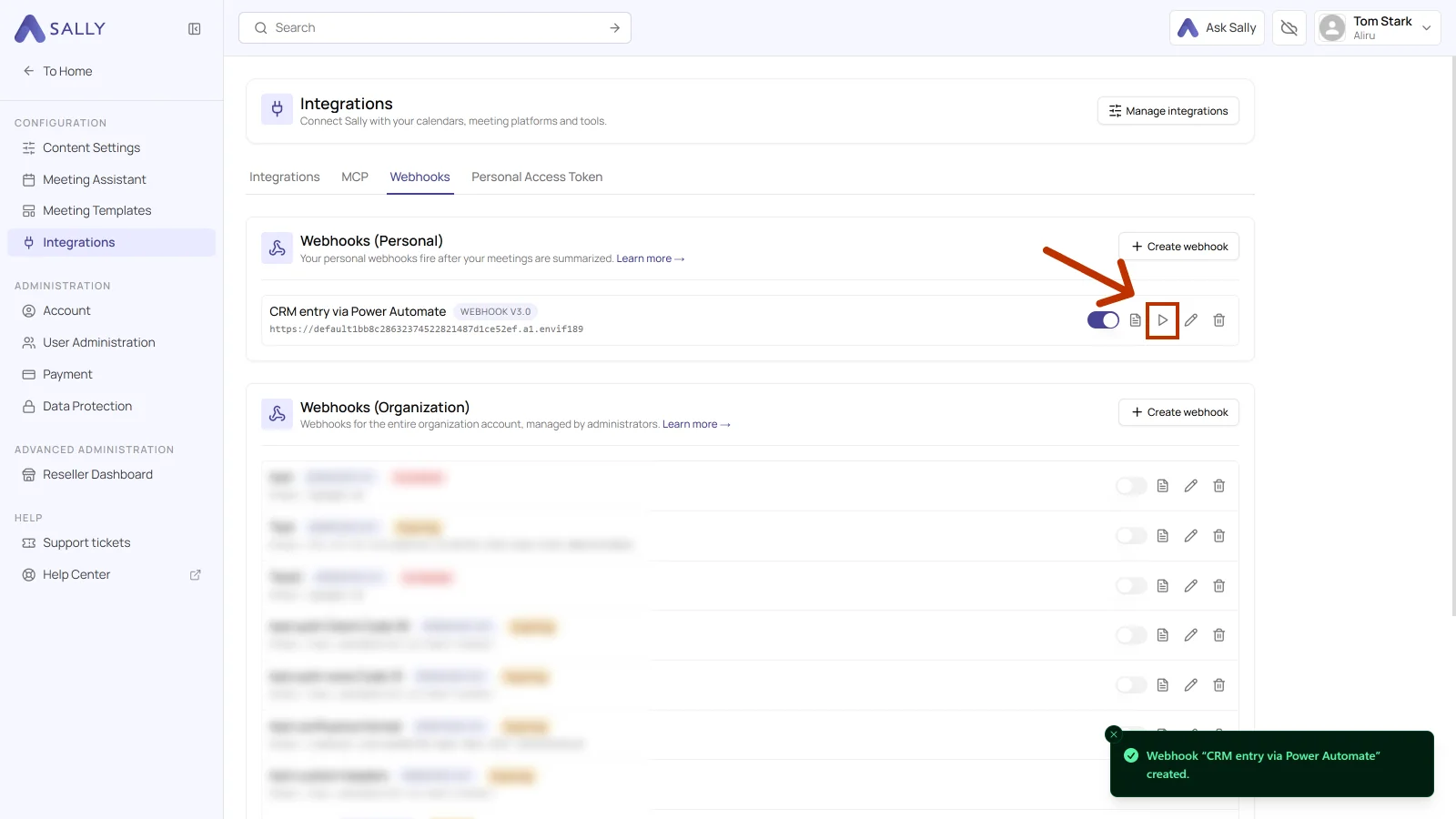 List of personal webhooks with the play icon for the test highlighted