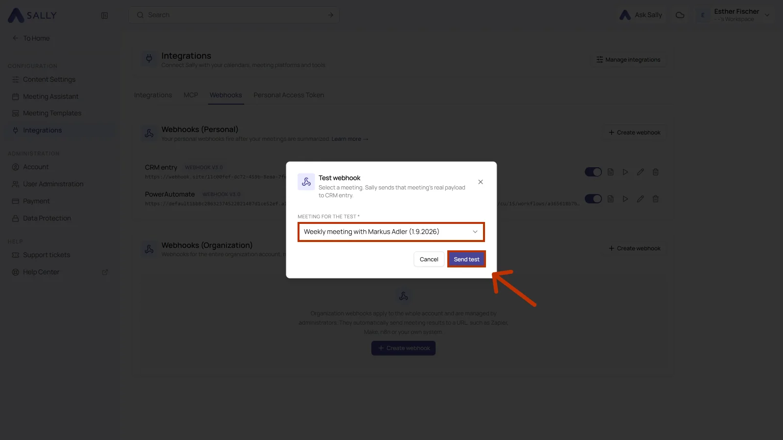 Test webhook dialog with a meeting selected and the Send test button highlighted