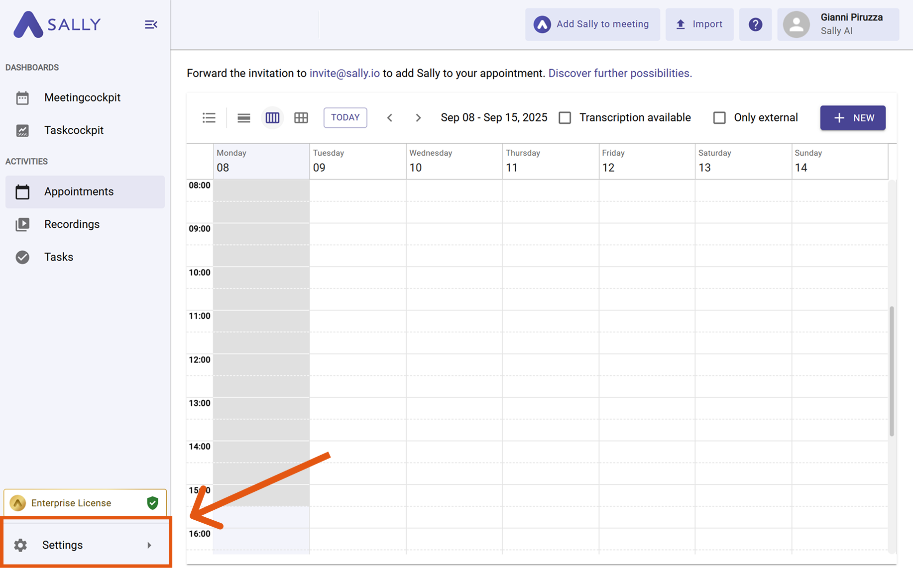 Sally interface with Settings highlighted in the left sidebar