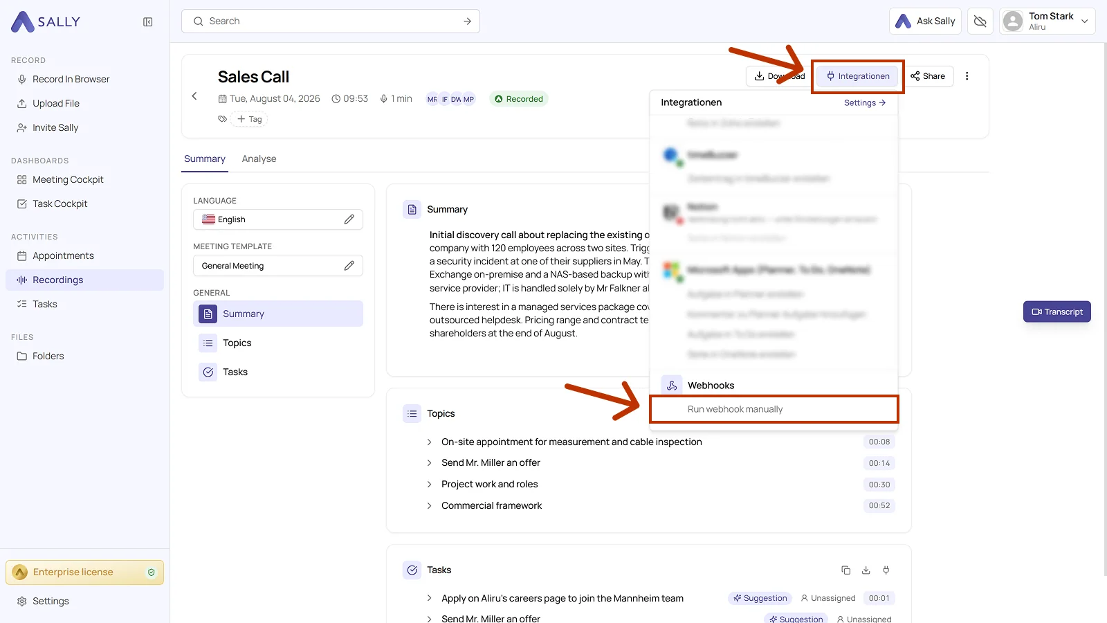 Recording in Sally with the Integrations menu open and Run webhook manually highlighted