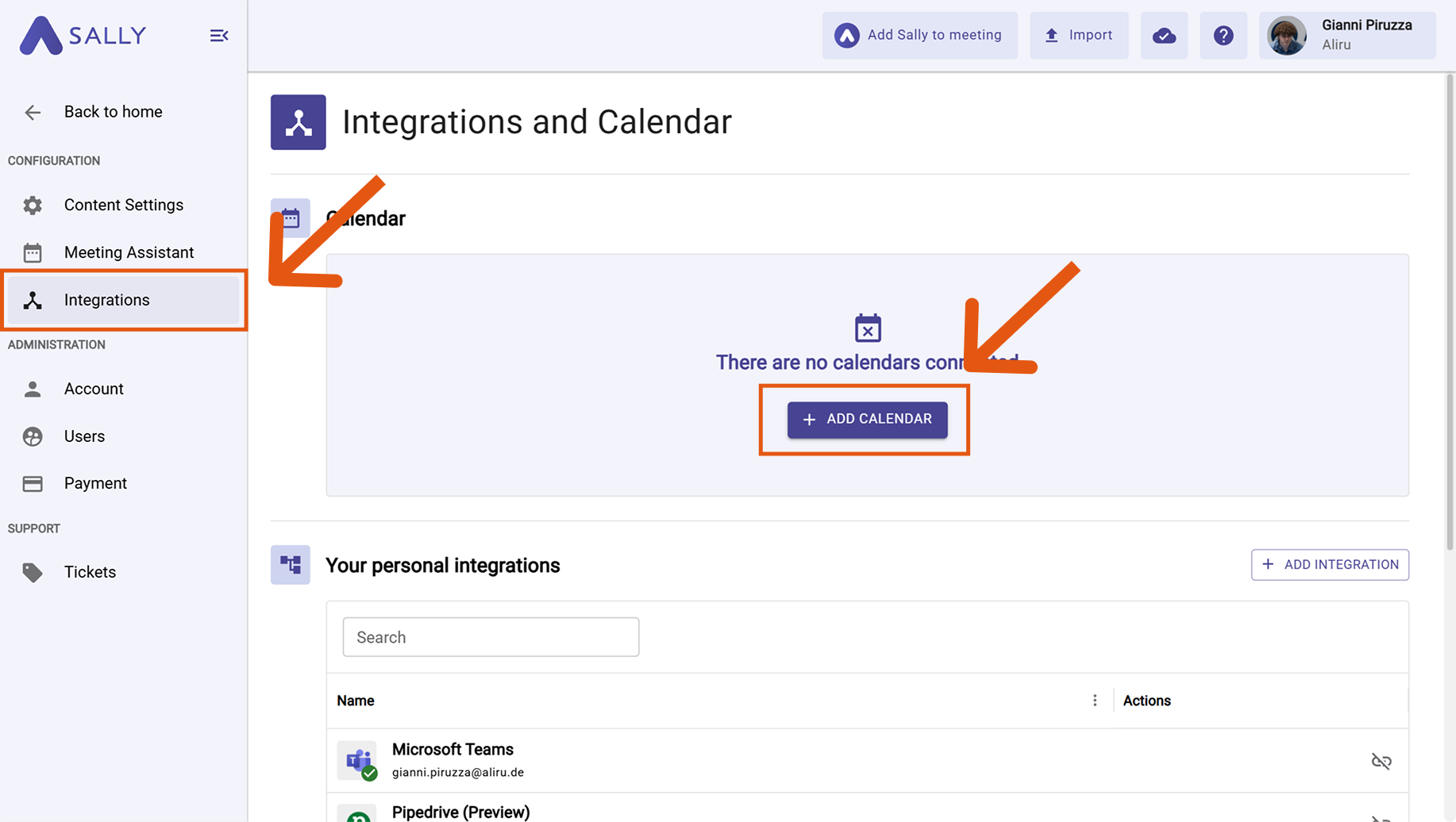 Integrations page in Sally with the Integrations menu highlighted