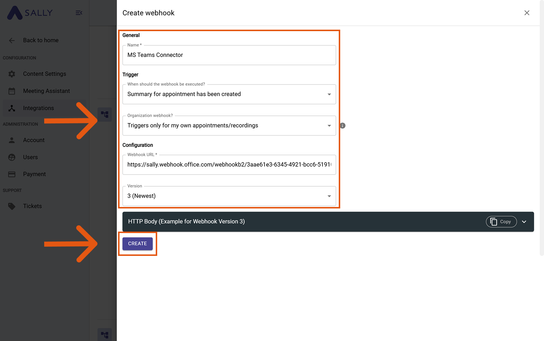 Create webhook dialog in Sally with the key fields highlighted