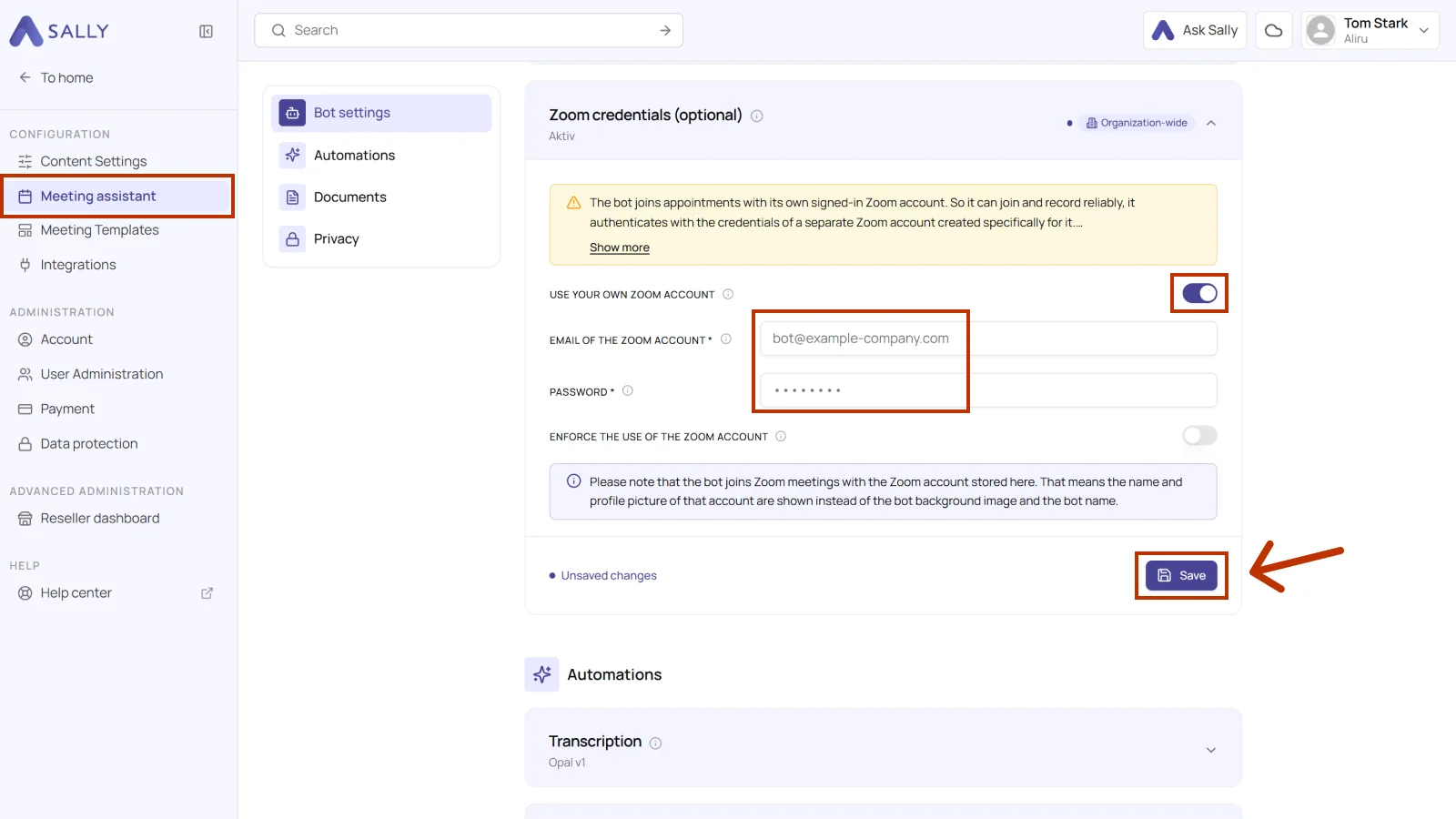 Zoom credentials card in the Sally Meeting Assistant settings