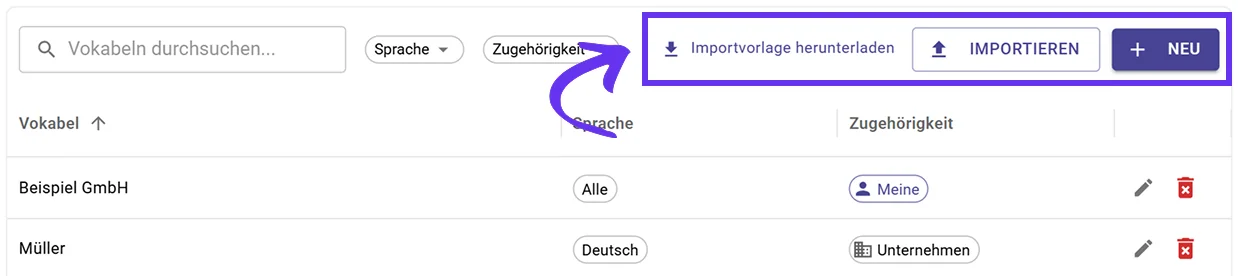 Bulk-Import von Vokabeln mit Excel-Vorlage in Sally AI