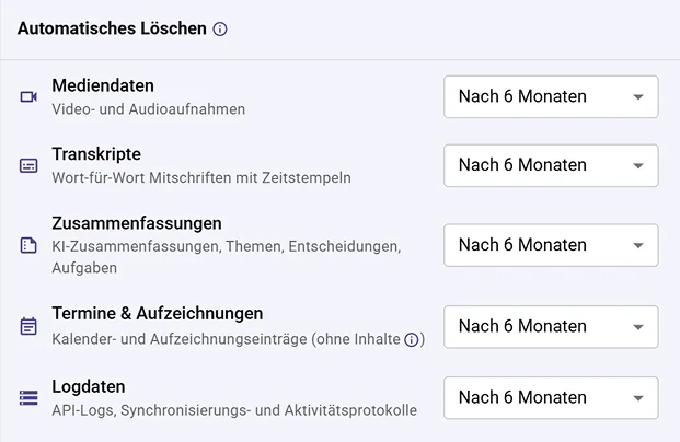 Einstellungen für automatisches Löschen mit separaten Aufbewahrungsfristen pro Datentyp