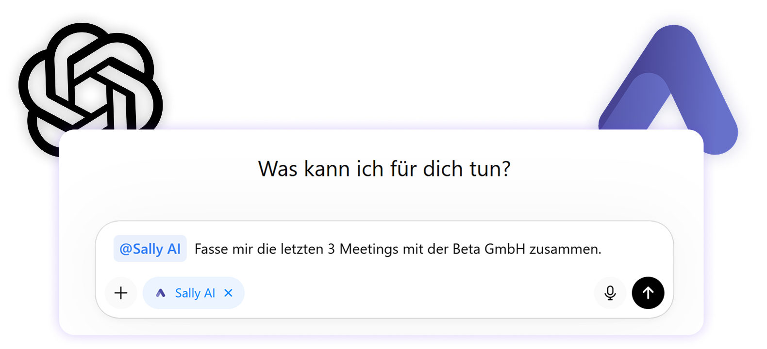 ChatGPT-Eingabefeld mit ausgewählter Sally AI App und der Frage, die letzten drei Meetings mit der Beta GmbH zusammenzufassen