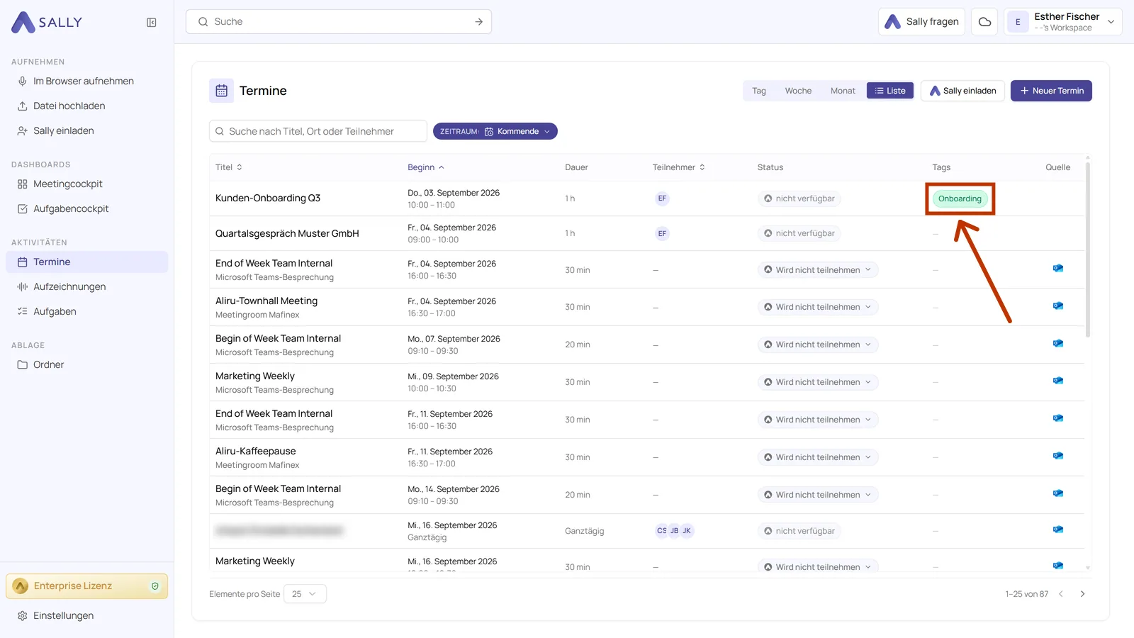 Terminliste in Sally AI mit den Tags der einzelnen Meetings