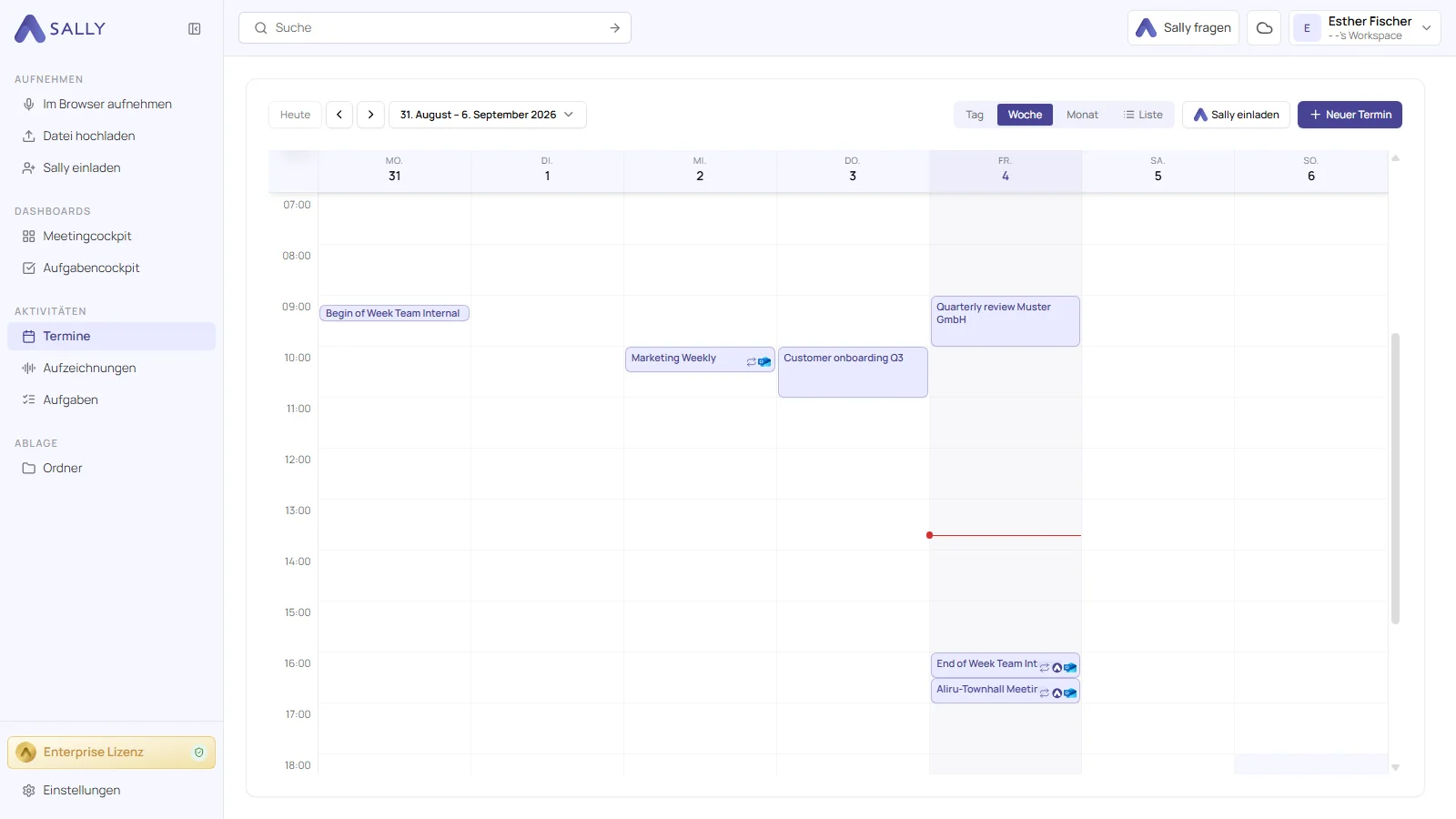 Das neue Design von Sally AI mit Wochenkalender und Seitenleiste für Aufnahmen, Dashboards und Aufgaben