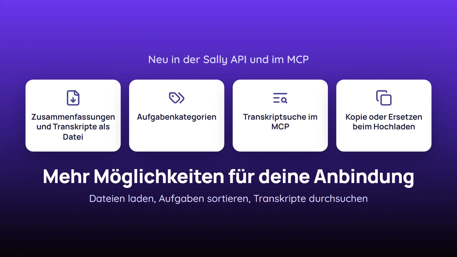 Vier Kacheln: Zusammenfassungen und Transkripte als Datei, Aufgabenkategorien, Transkriptsuche im MCP, Kopie oder Ersetzen beim Hochladen