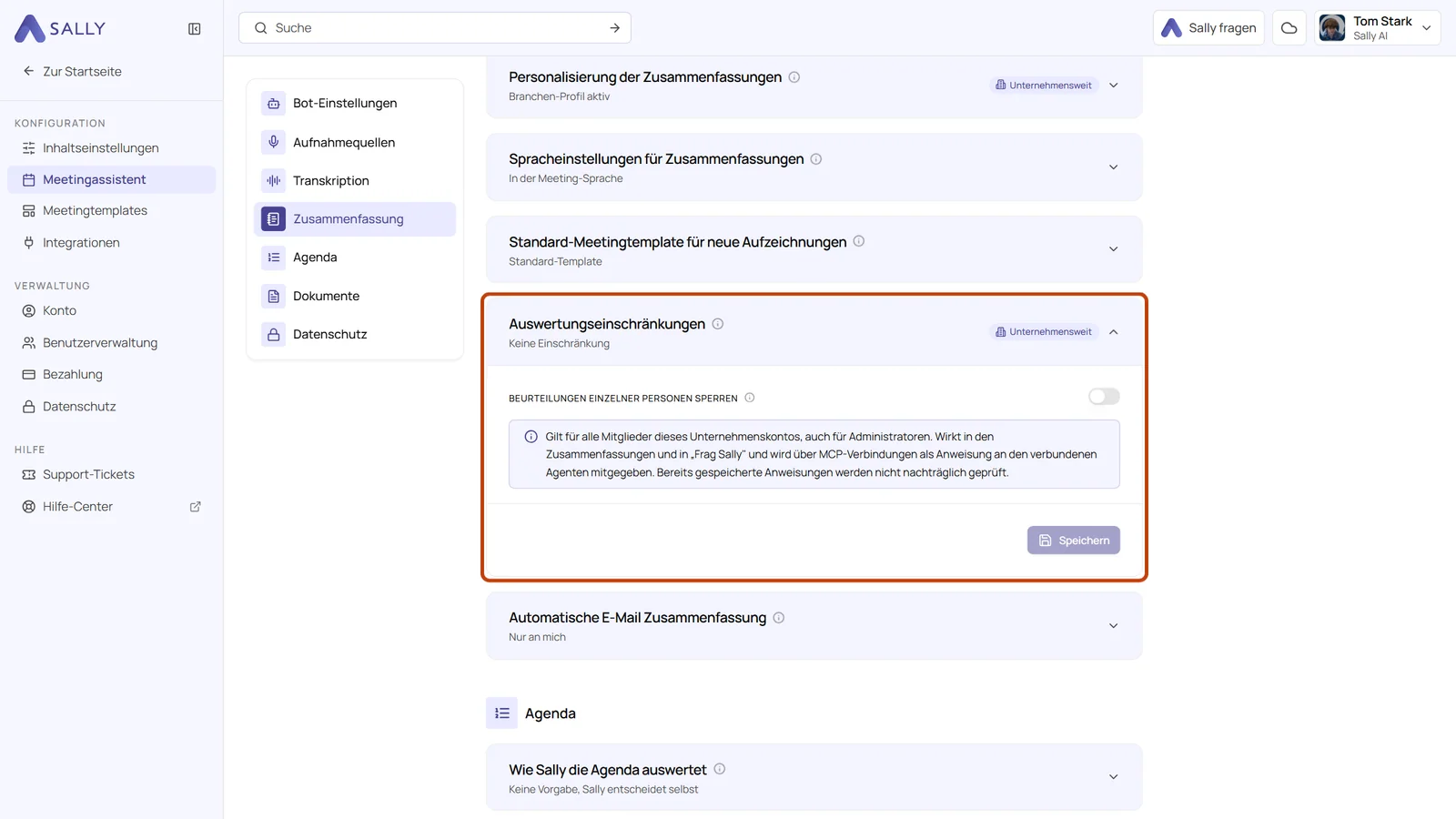 Reiter Zusammenfassung im Meetingassistenten mit aufgeklappter Karte Auswertungseinschränkungen, dem Schalter Beurteilungen einzelner Personen sperren und dem Knopf Speichern