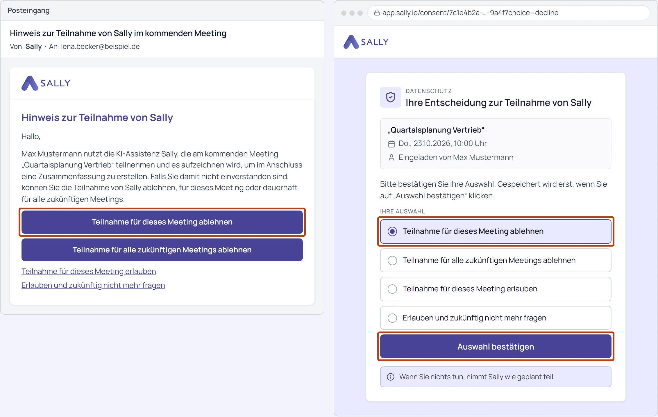 Opt-out-E-Mail mit markierter Schaltfläche Teilnahme für dieses Meeting ablehnen, daneben die Bestätigungsseite mit derselben vorausgewählten Option und dem markierten Button Auswahl bestätigen