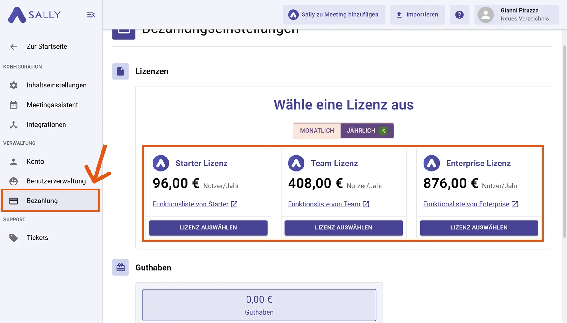 Auswahl einer Sally-Lizenz