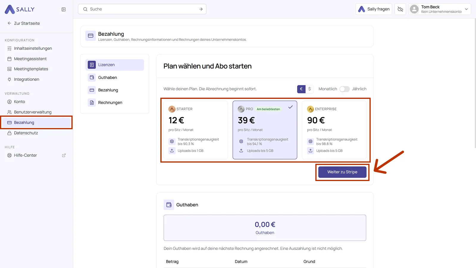 Bereich Lizenzen mit den drei Plänen Starter, Pro und Enterprise und dem Button Weiter zu Stripe