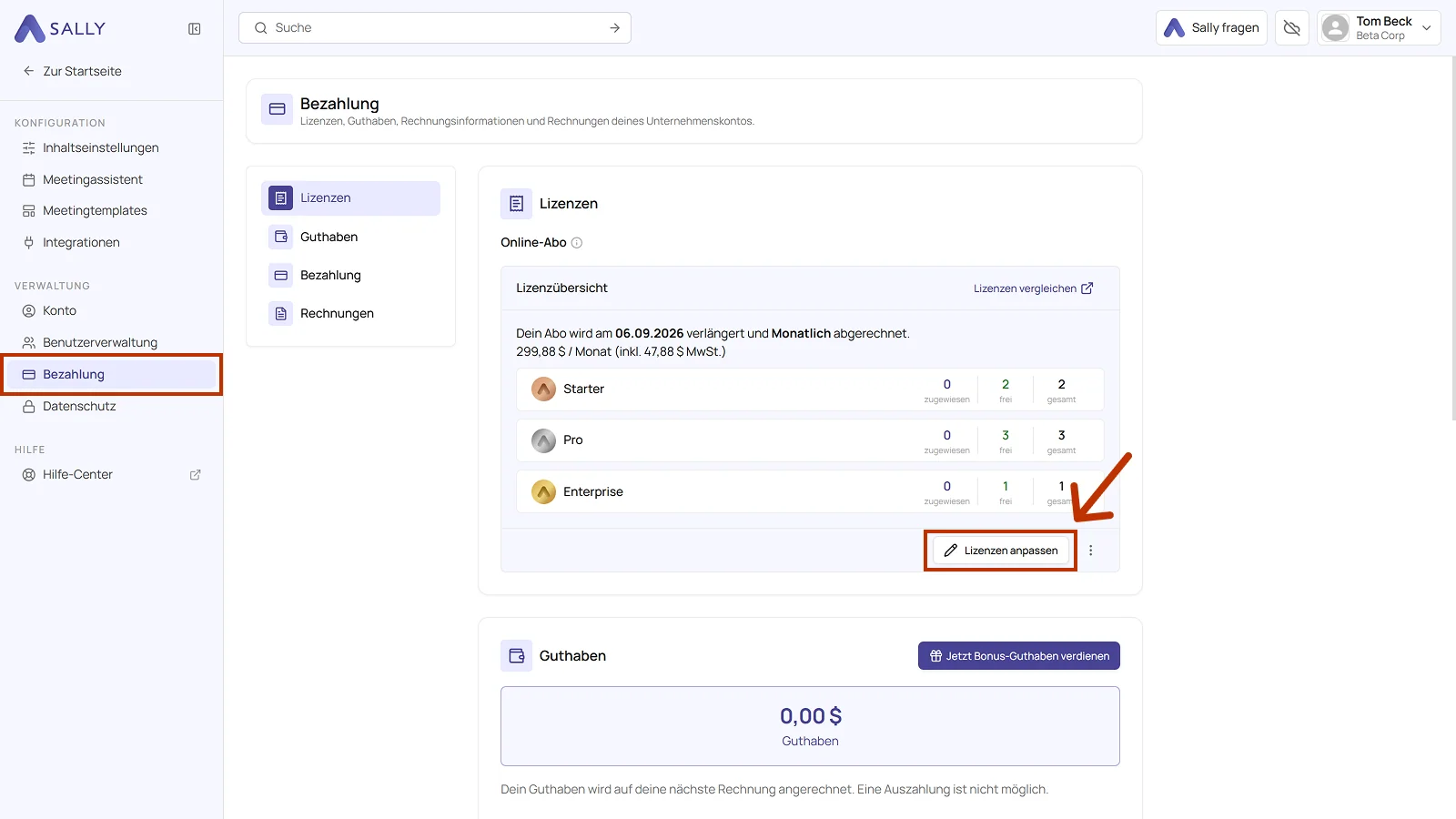 Lizenzübersicht in den Bezahleinstellungen mit dem Button Lizenzen anpassen