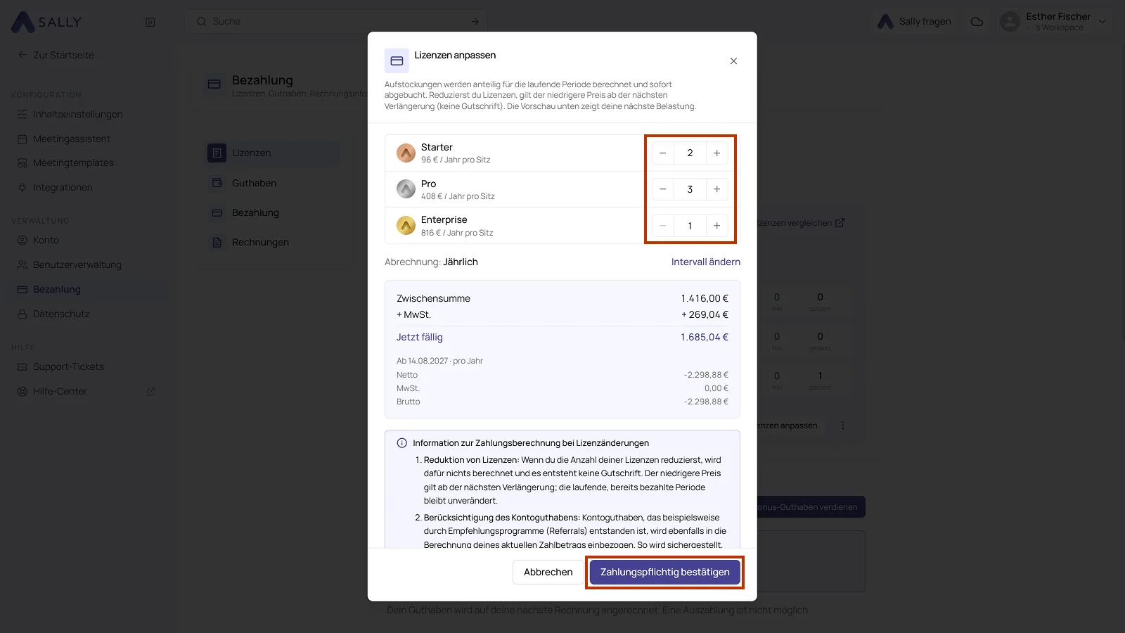 Dialog Lizenzen anpassen mit den Zählern pro Plan, der Kostenvorschau und dem Button Zahlungspflichtig bestätigen