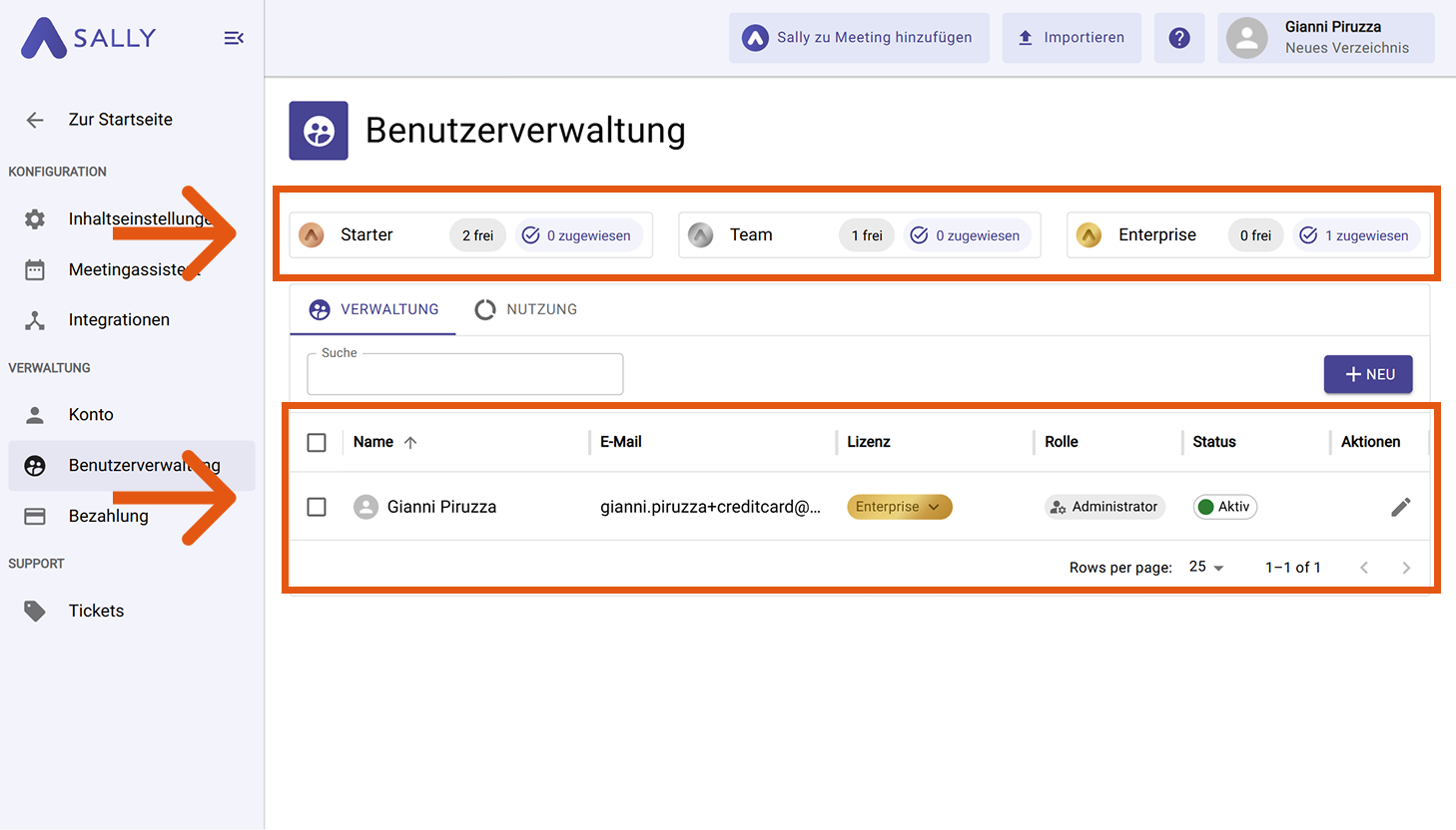 Formular zum Hinzufügen eines neuen Benutzers mit Feldern für E-Mail, Rolle, Sprache, Zeitzone und Lizenztyp