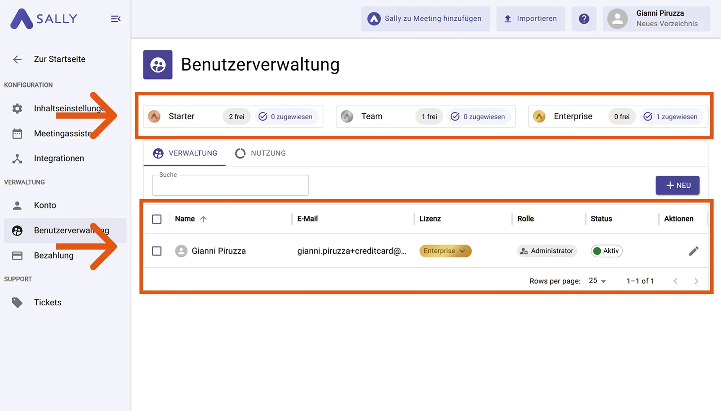Formular zum Hinzufügen eines neuen Benutzers mit Feldern für E-Mail, Rolle, Sprache, Zeitzone und Lizenztyp