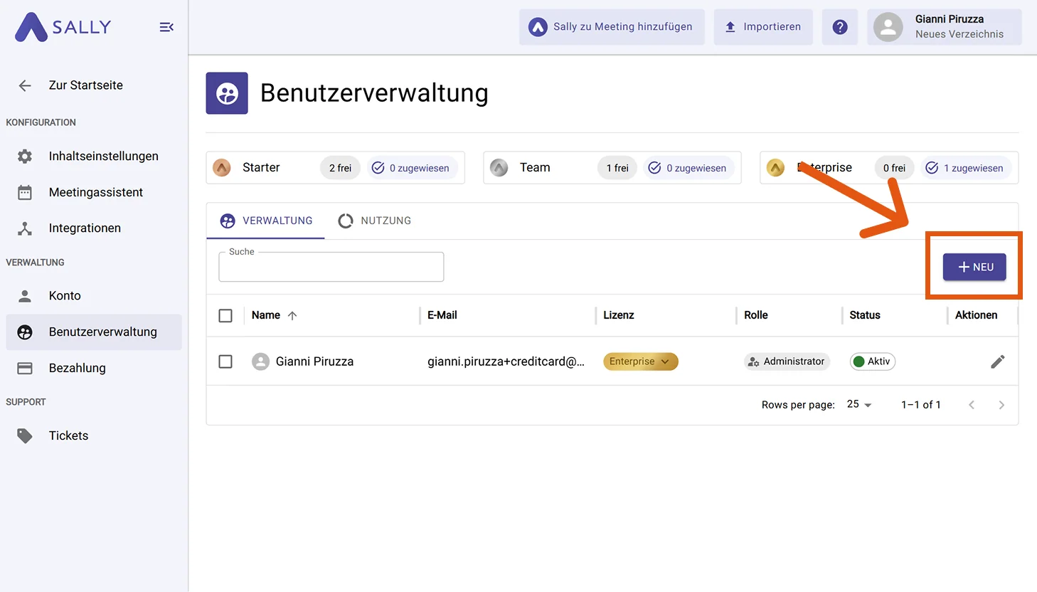 Benutzerverwaltung mit verfügbaren Lizenzen oben und Benutzerliste unten