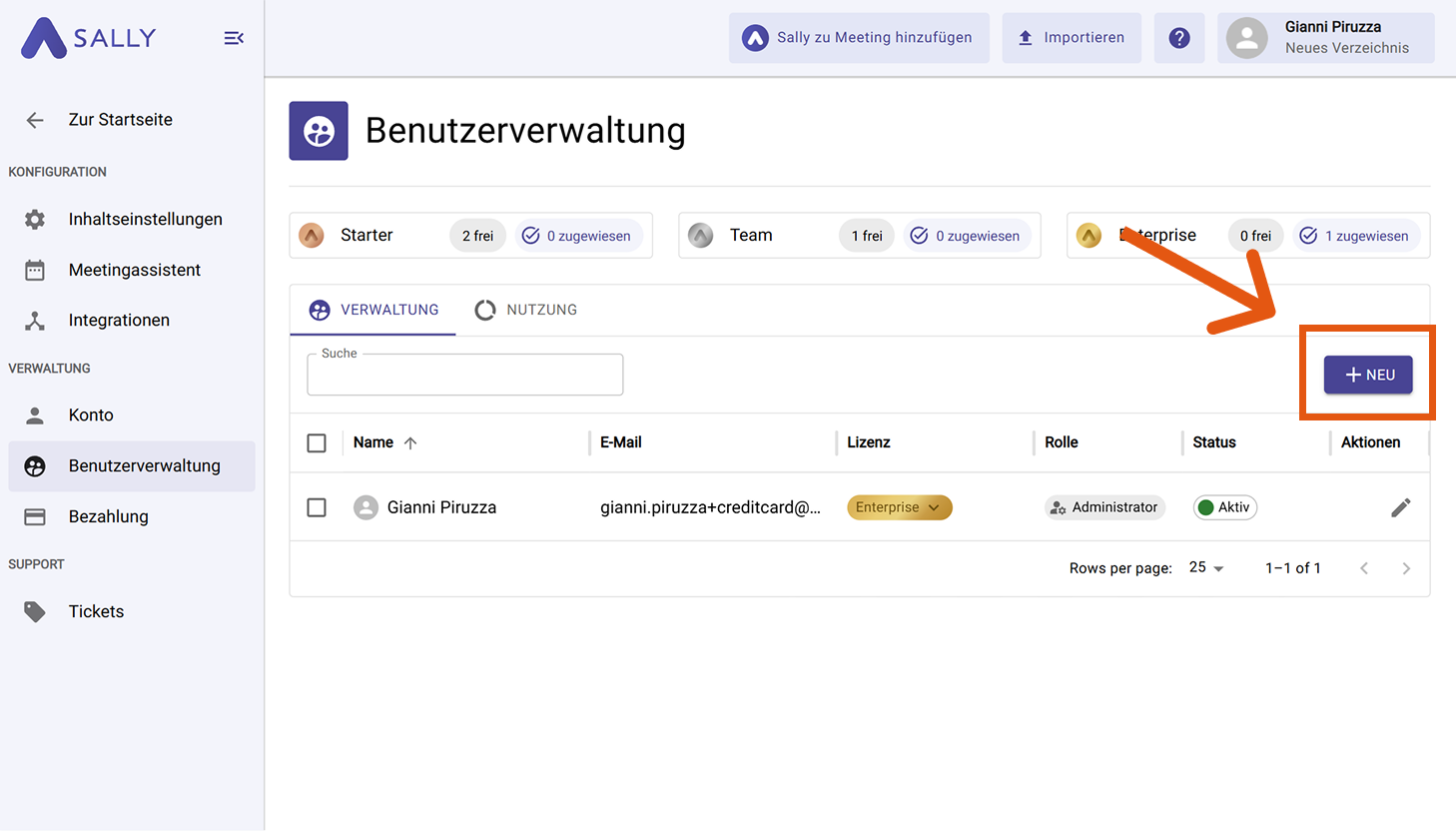 Benutzerverwaltung mit verfügbaren Lizenzen oben und Benutzerliste unten