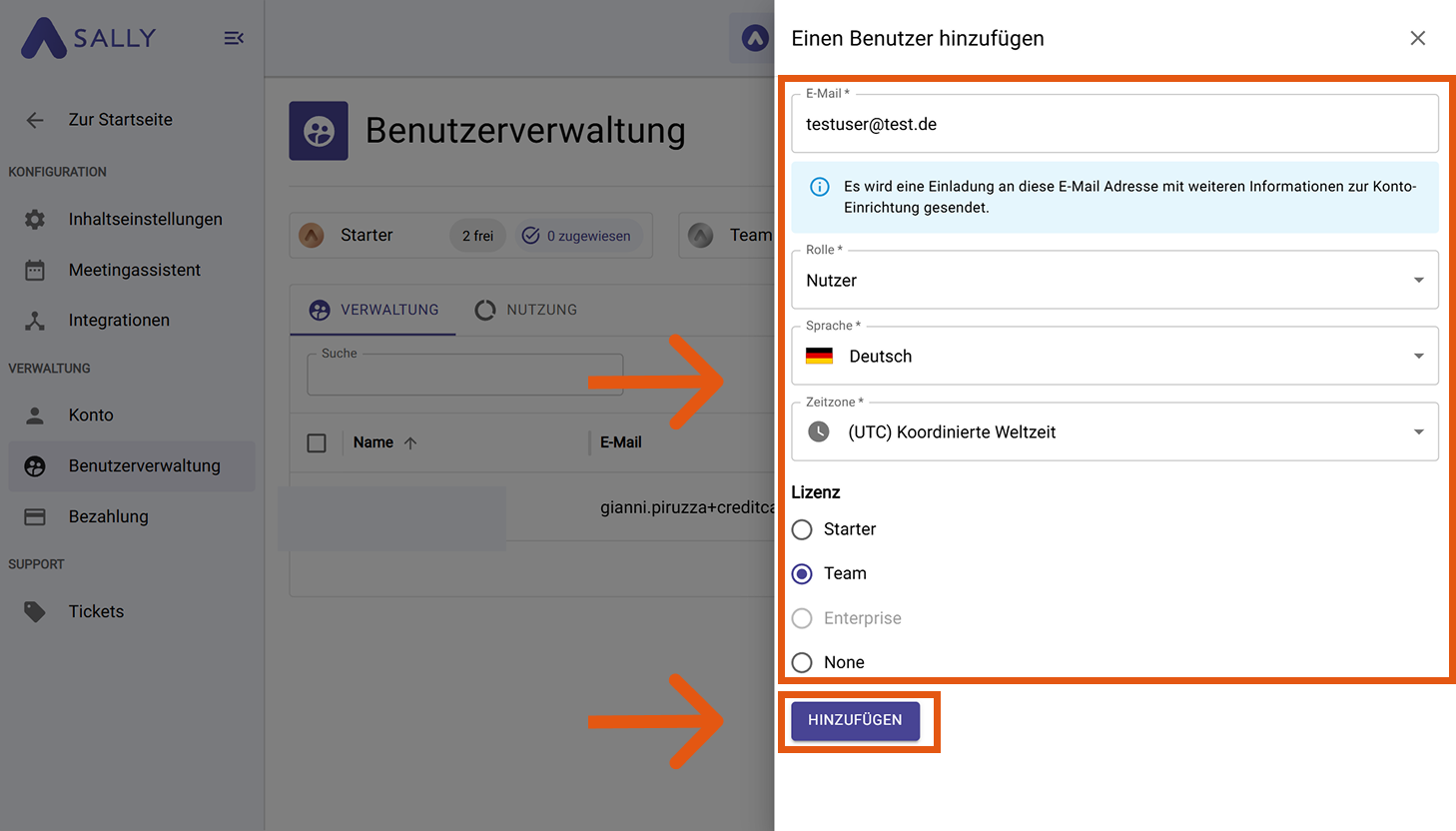 Benutzerverwaltung mit hervorgehobenem + Neu Button