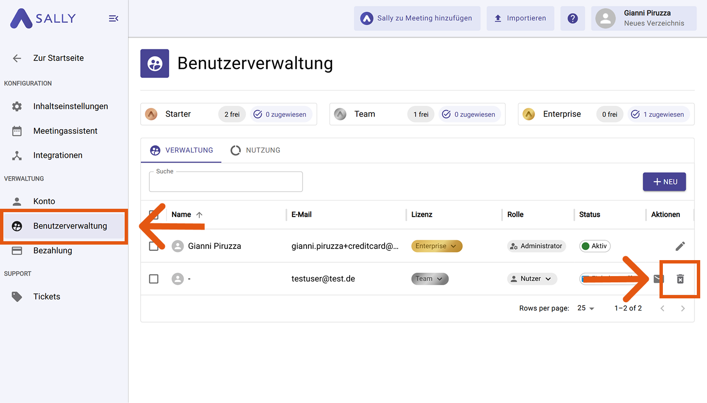 Benutzerverwaltung mit hervorgehobenem Papierkorb-Symbol