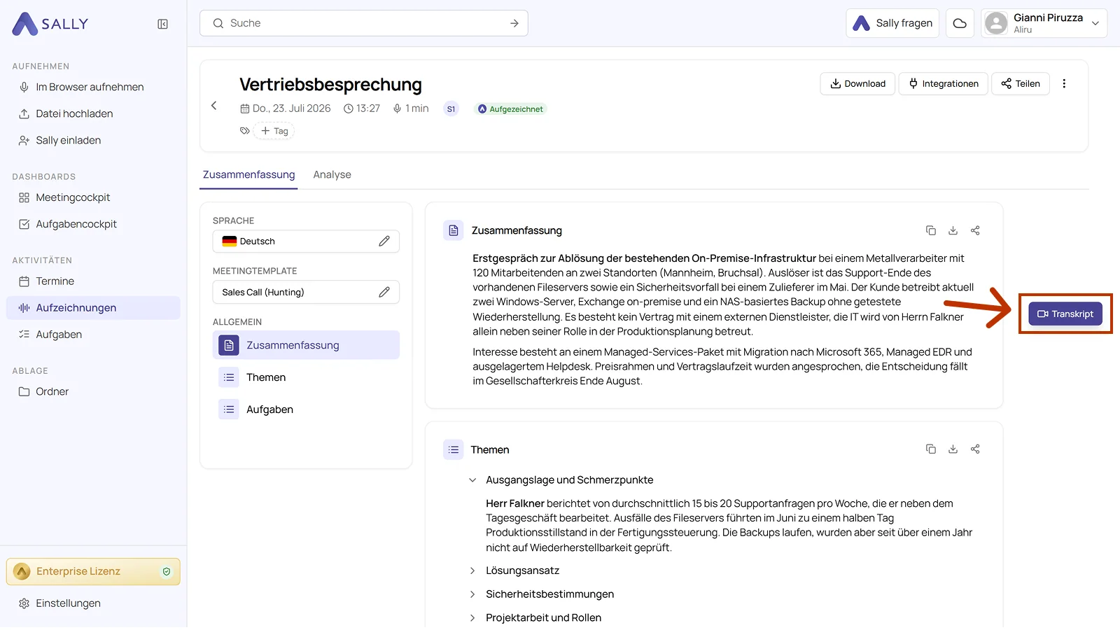 Detailansicht einer Aufzeichnung mit dem Button Transkript