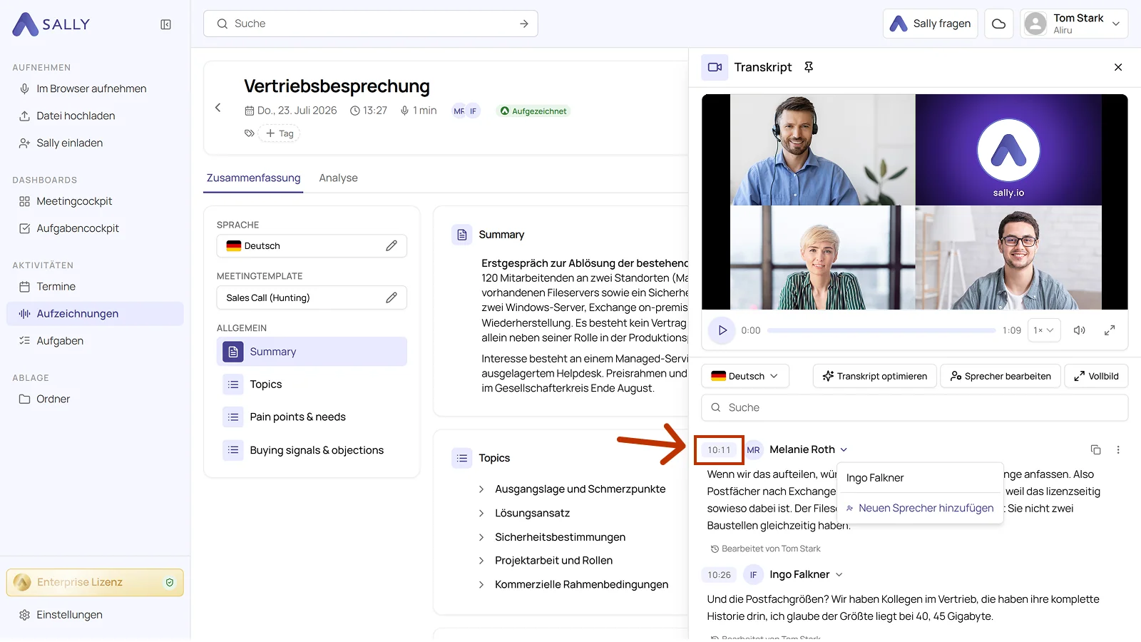Sally Textblock mit aktivem Zeitstempel-Feld zur manuellen Anpassung
